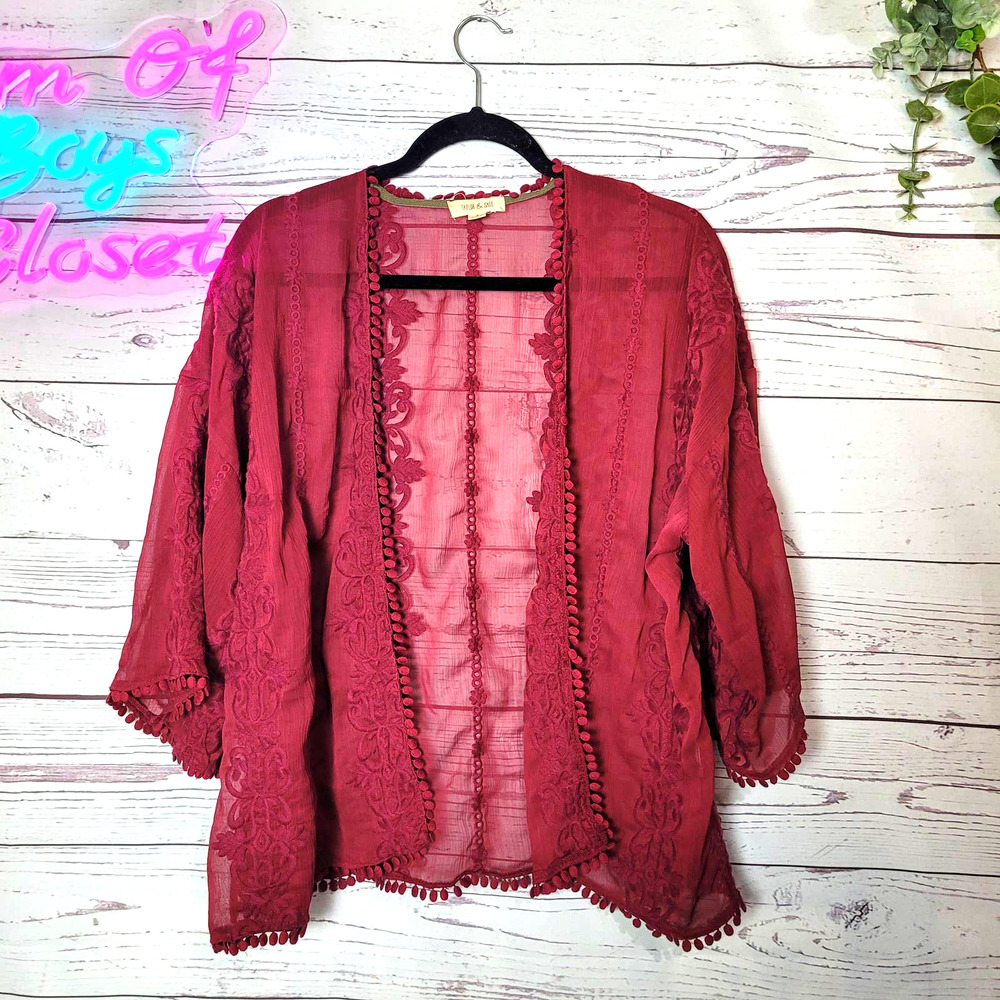 Taylor‎ & Sage Burgundy Embroidered Sheer Boho Kimono Top Womans Size Small